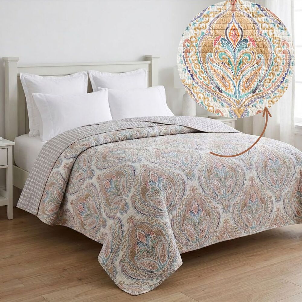 Levtex Villa Lugano Reversible Paisley Quilt Full Queen 88x92 Comforter Tan Blue